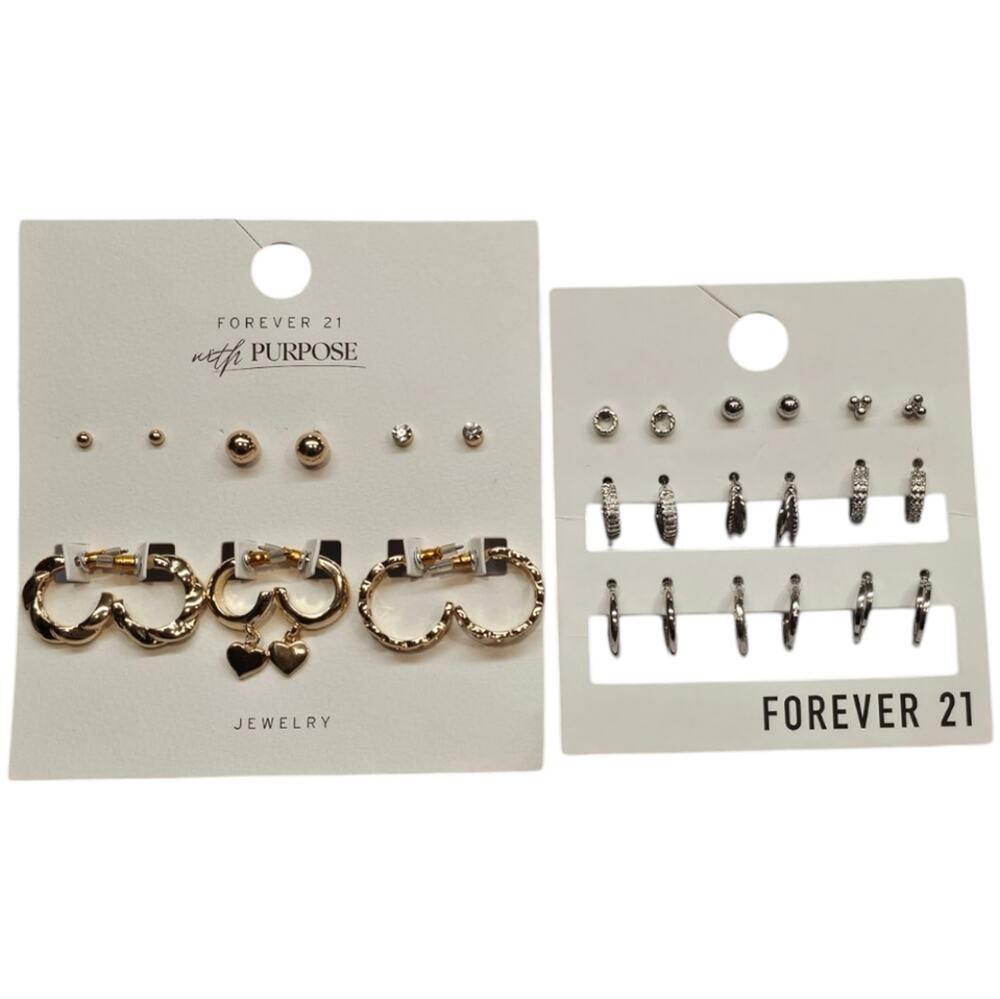 Forever 21 Lot of Pierced Earring Silver and Gold Toned Hoops and Studs